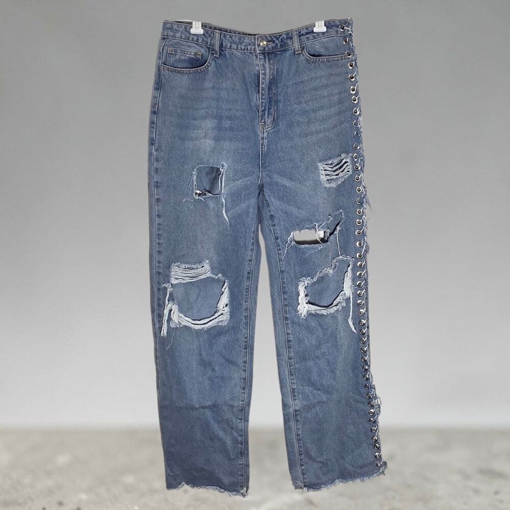 Shein Y2K Grunge Lace-Up Distressed Jeans XL Wide Leg